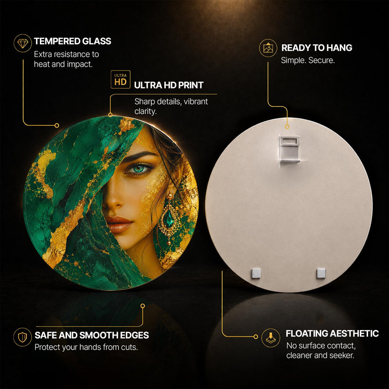 Emerald Veiled Muse — tempered glass, ultra HD print, ready to hang