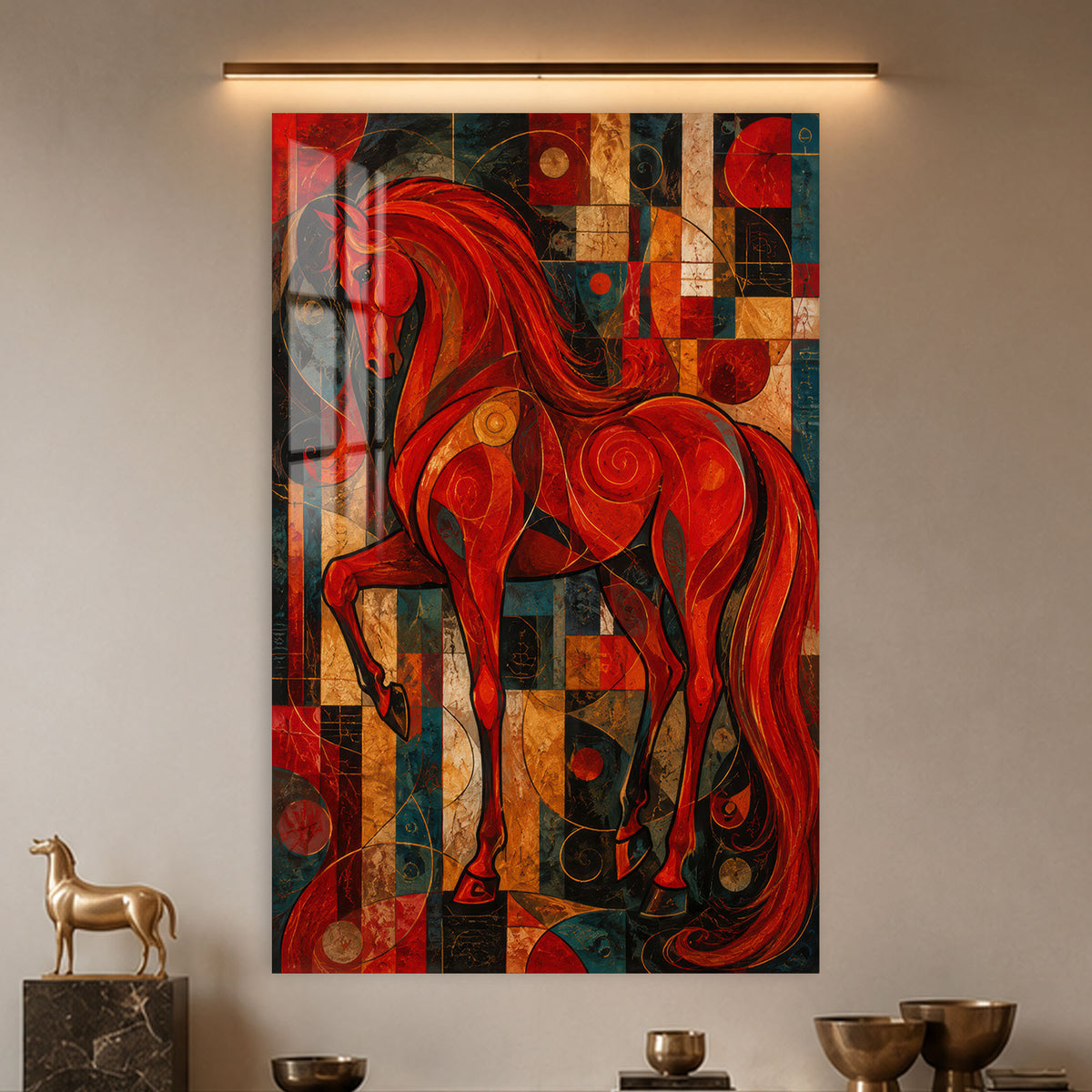 Scarlet Mosaic Horse in a modern room