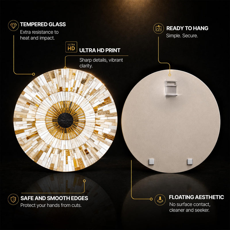Golden Mosaic Sunburst — tempered glass, ultra HD print, ready to hang