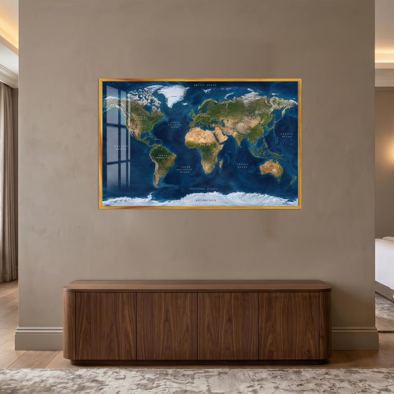 Satellite World Map with gold frame
