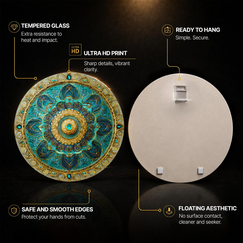 Turquoise Gilded Mandala — tempered glass, ultra HD print, ready to hang