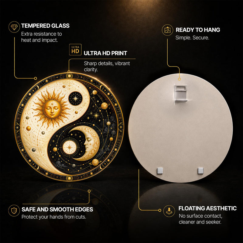 Celestial Yin Yang — tempered glass, ultra HD print, ready to hang