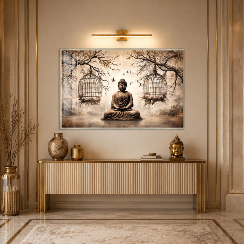 Artronauts Glass Print 18x12 cm | 7.1"x4.7" / Silver Buddha Beneath the Birdcages Glass Wall Art