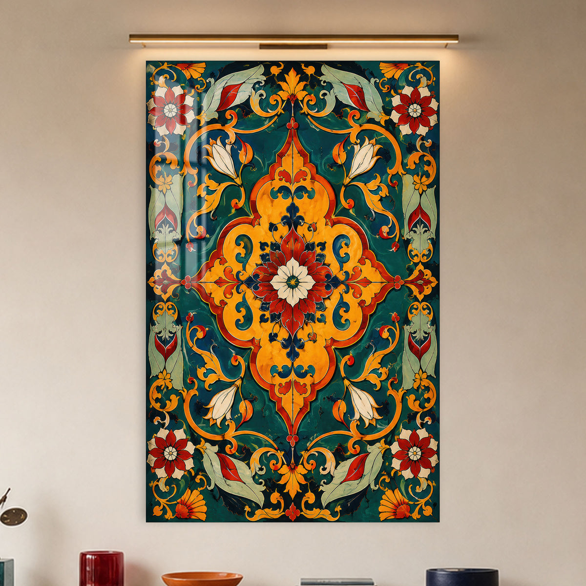 Emerald Floral Medallion in a modern room
