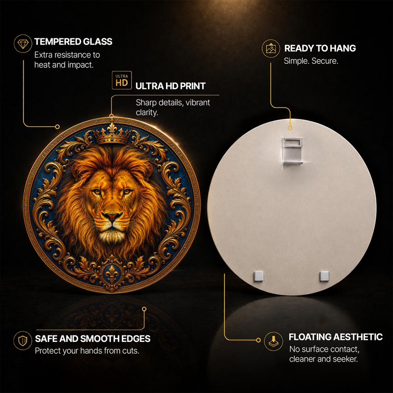 Crowned Lion Majesty — tempered glass, ultra HD print, ready to hang