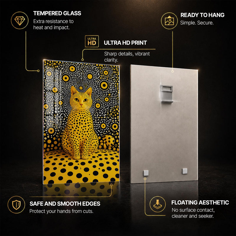 Golden Polka Dot Cat — tempered glass, ultra HD print, ready to hang