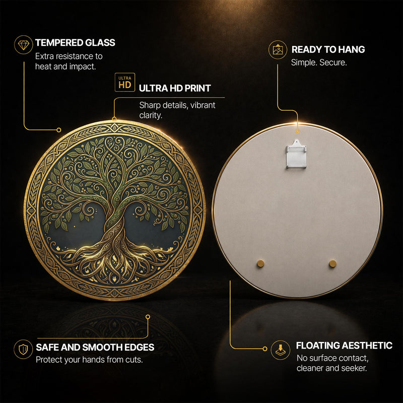 Celtic Gold Tree Of Life — tempered glass, ultra HD print, ready to hang