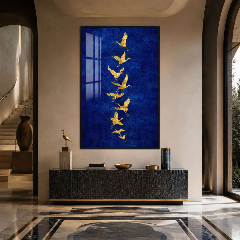 Artronauts Glass Print 12x18 cm | 4.7"x7.1" / Black Golden Cranes In Flight Glass Wall Art