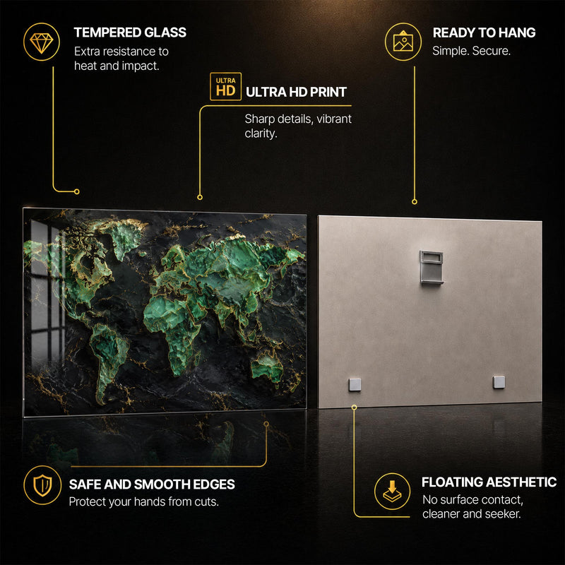 Emerald Marble World Map — tempered glass, ultra HD print, ready to hang