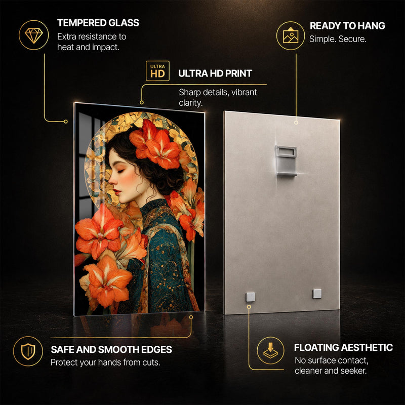Gilded Amaryllis Muse — tempered glass, ultra HD print, ready to hang