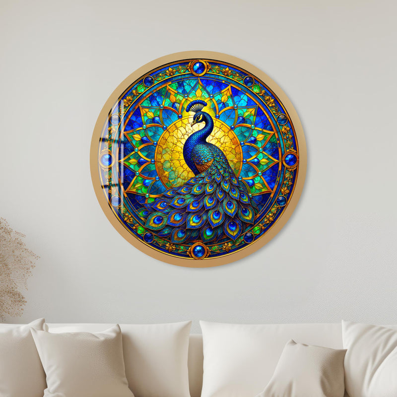 Emerald Stained Glass Peacock with gold frame