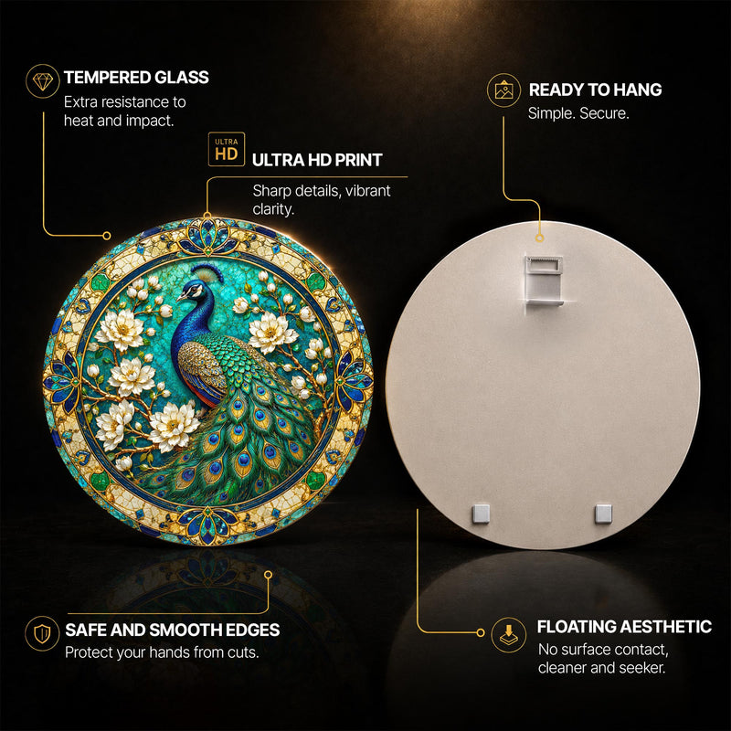 Jeweled Peacock Garden — tempered glass, ultra HD print, ready to hang