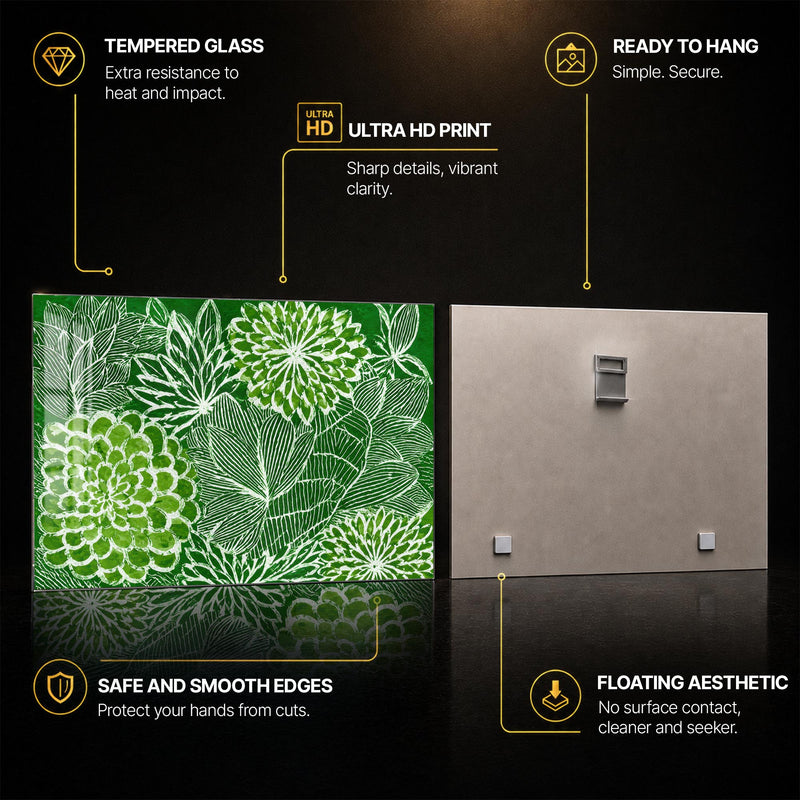 Emerald Botanical Blooms — tempered glass, ultra HD print, ready to hang