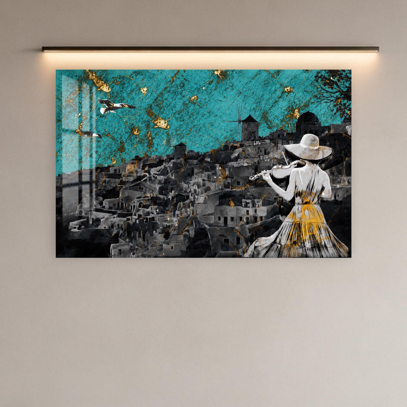 Artronauts Glass Print Violinist Over Santorini Glass Wall Art