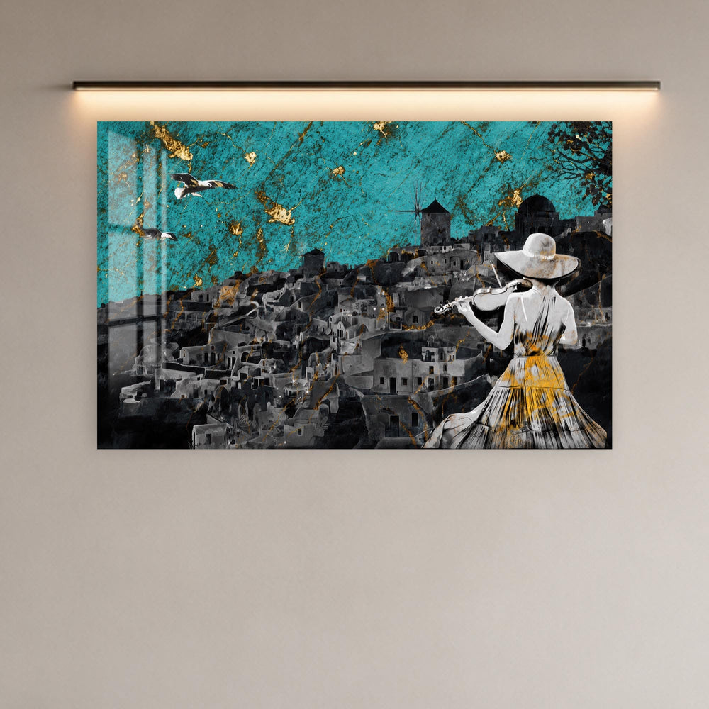 Artronauts Glass Print Violinist Over Santorini Glass Wall Art