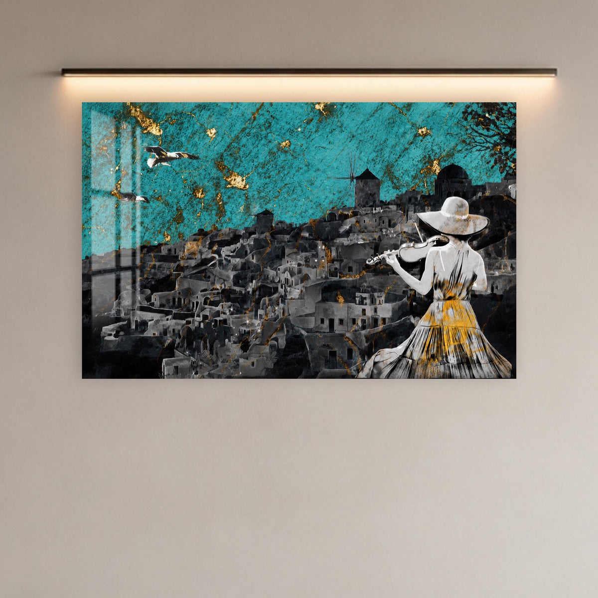 Artronauts Glass Print Violinist Over Santorini Glass Wall Art
