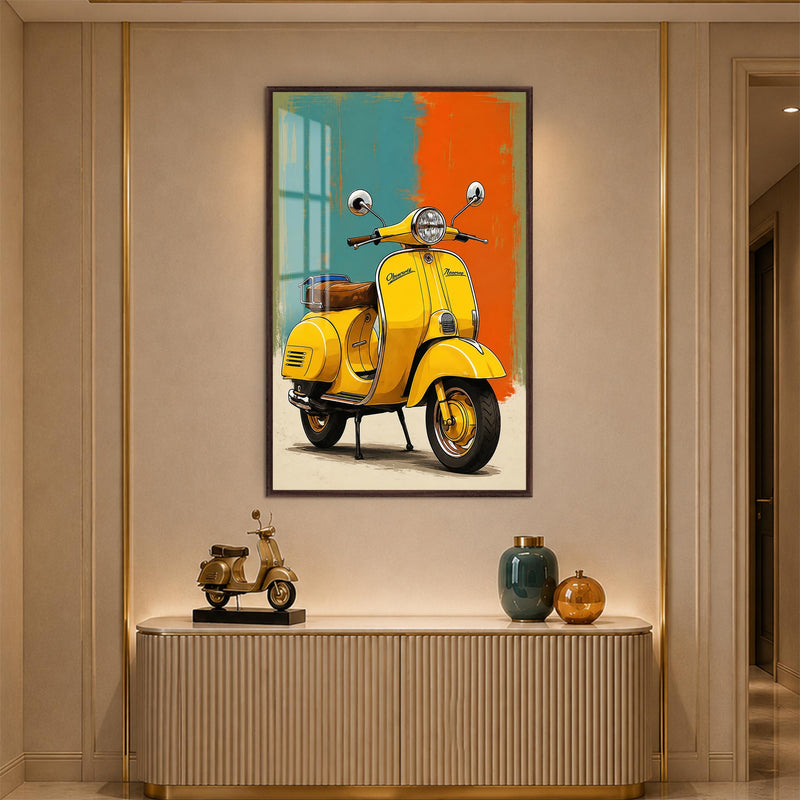 Yellow Vintage Scooter with walnut frame