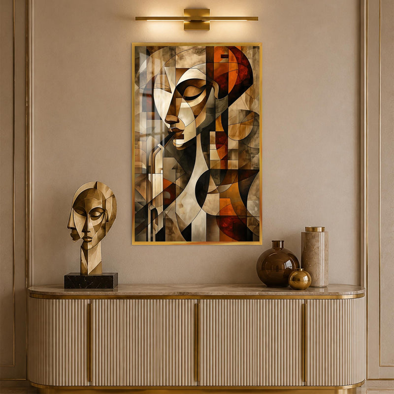 Artronauts Glass Print 12x18 cm | 4.7"x7.1" / Gold Geometric Saxophone Player Glass Wall Art