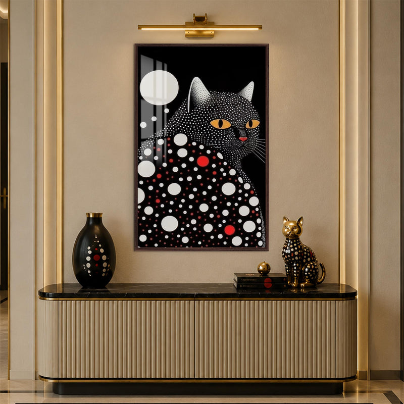 Dotted Midnight Cat with walnut frame