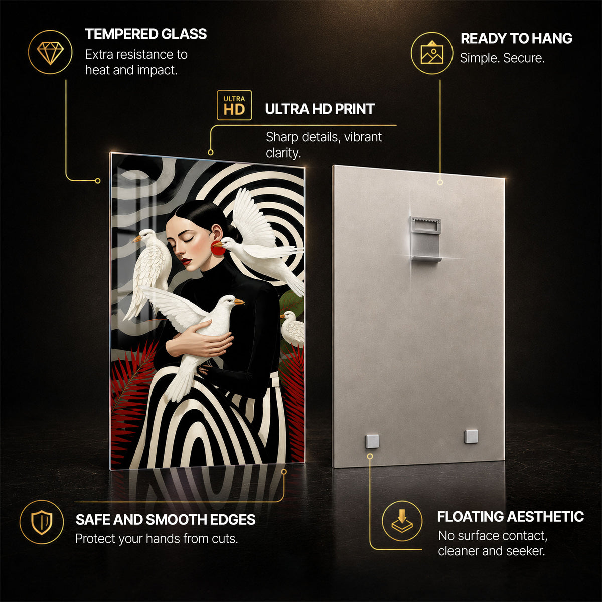 Lady Of White Doves — tempered glass, ultra HD print, ready to hang