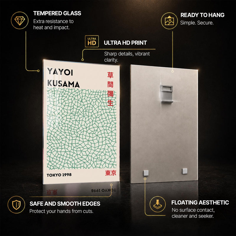 Kusama Tokyo Mosaic — tempered glass, ultra HD print, ready to hang