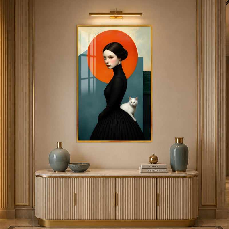 Lady With White Cat with gold frame