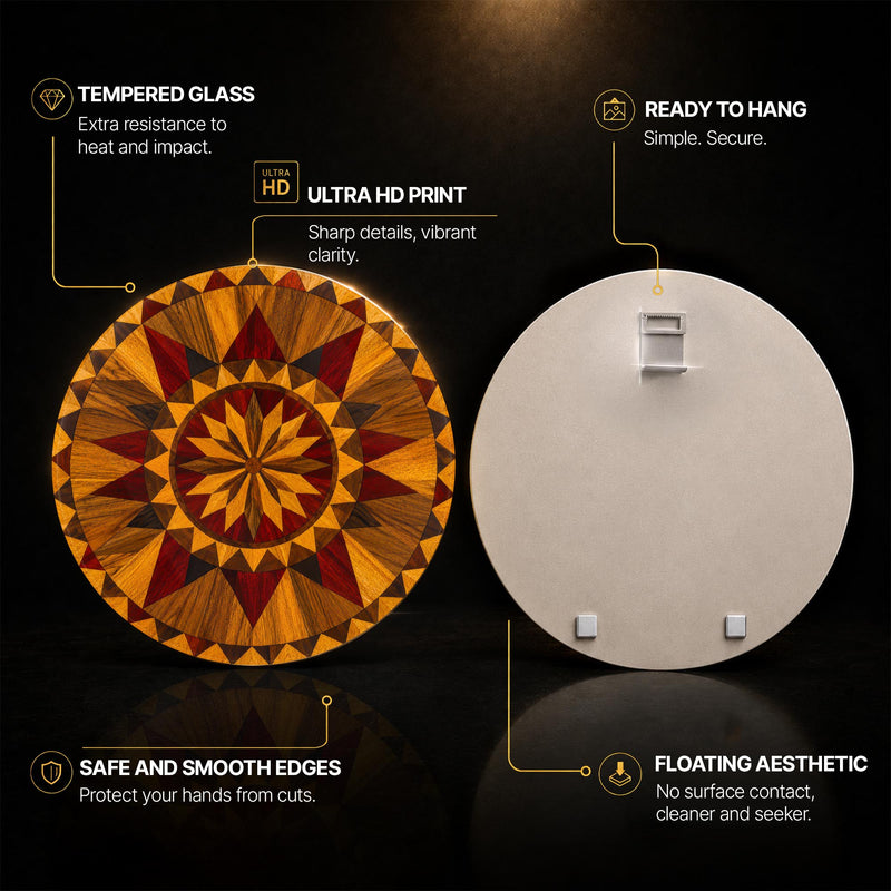 Amber Mosaic Starburst — tempered glass, ultra HD print, ready to hang