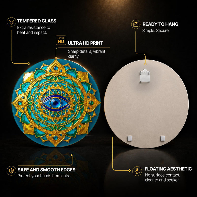 Golden Lotus Eye Mandala — tempered glass, ultra HD print, ready to hang