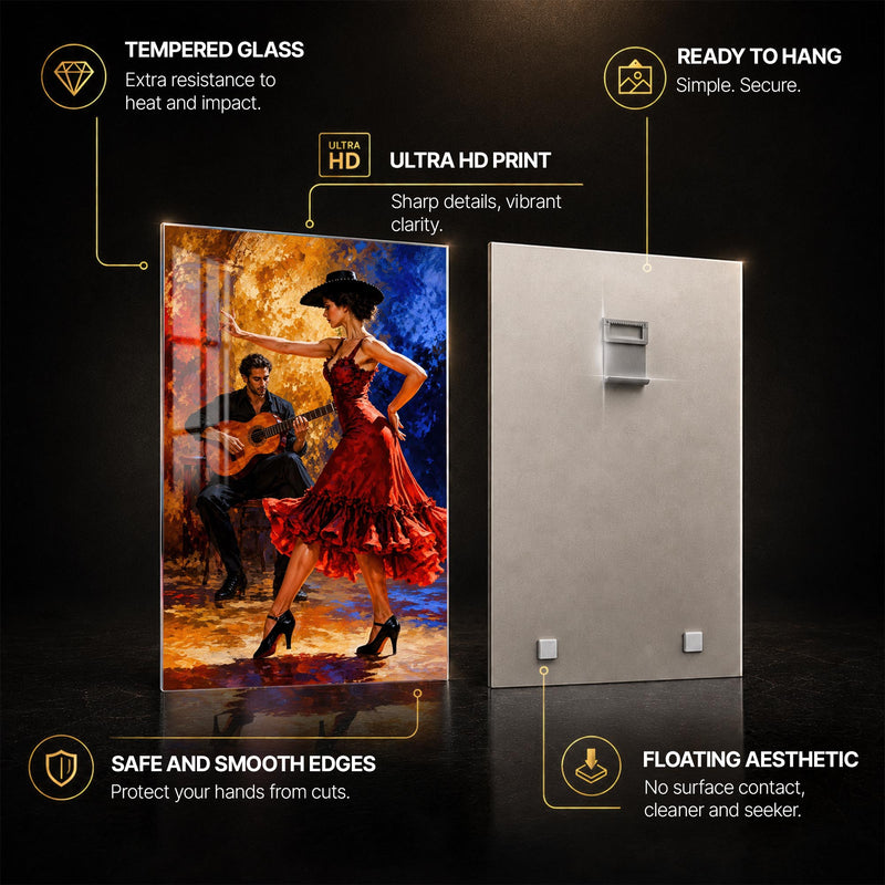 Flamenco Duet — tempered glass, ultra HD print, ready to hang