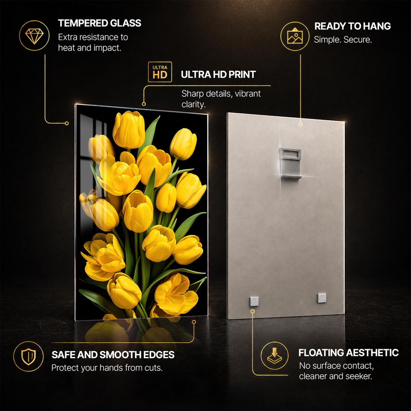 Golden Tulip Bouquet — tempered glass, ultra HD print, ready to hang