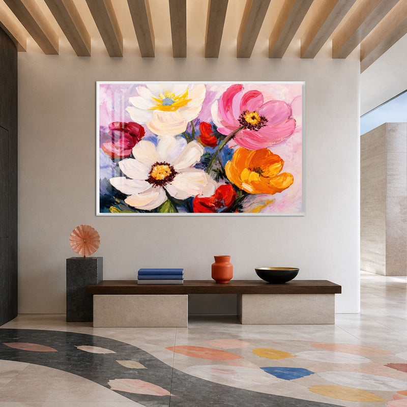 Artronauts Glass Print 18x12 cm | 7.1"x4.7" / White Vibrant Painted Blossoms Glass Wall Art