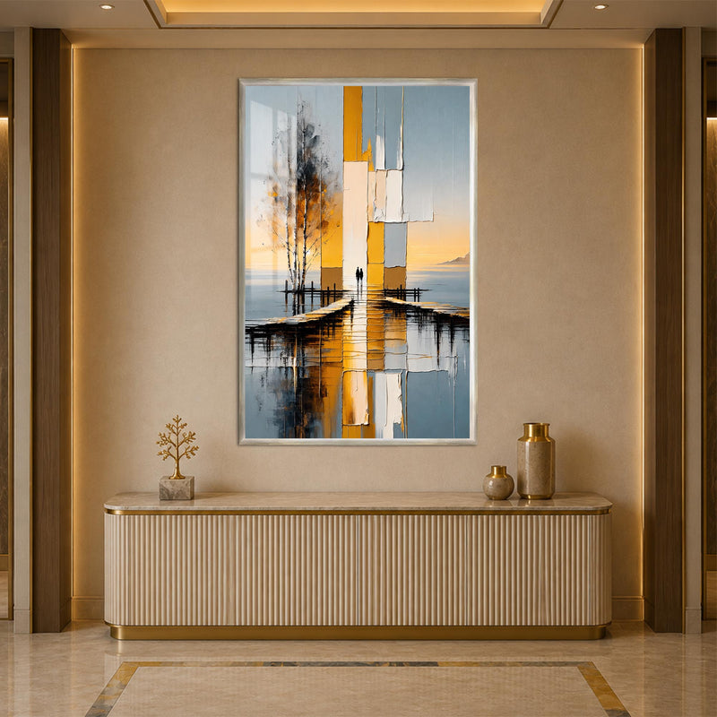 Golden Abstract Waterfront with silver frame