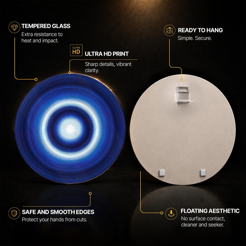 Electric Blue Vortex — tempered glass, ultra HD print, ready to hang