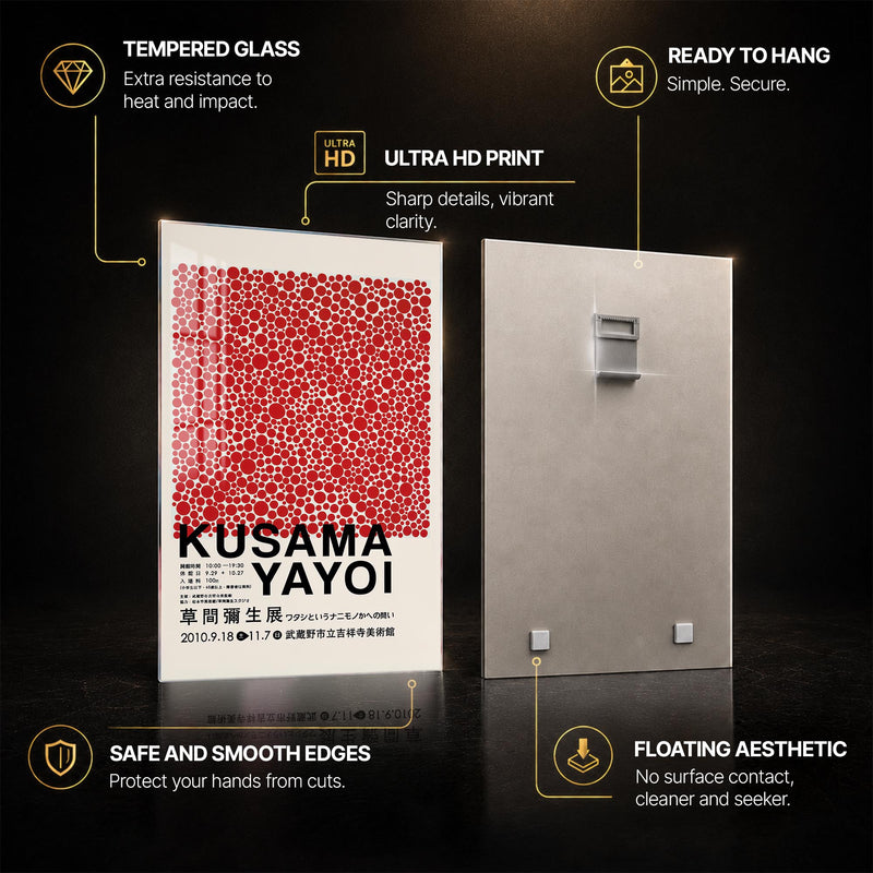 Kusama Red Dots — tempered glass, ultra HD print, ready to hang