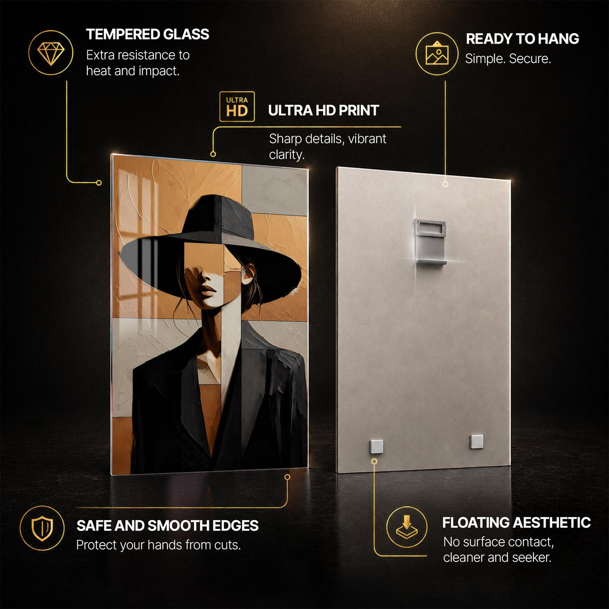 Cubist Woman in Hat — tempered glass, ultra HD print, ready to hang
