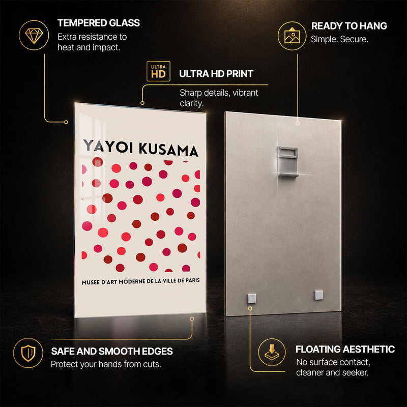 Kusama Dot Symphony — tempered glass, ultra HD print, ready to hang