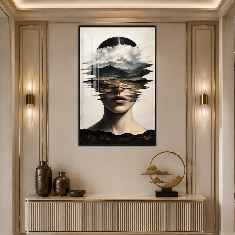 Artronauts Glass Print 12x18 cm | 4.7"x7.1" / Black Mountain Veiled Woman Glass Wall Art