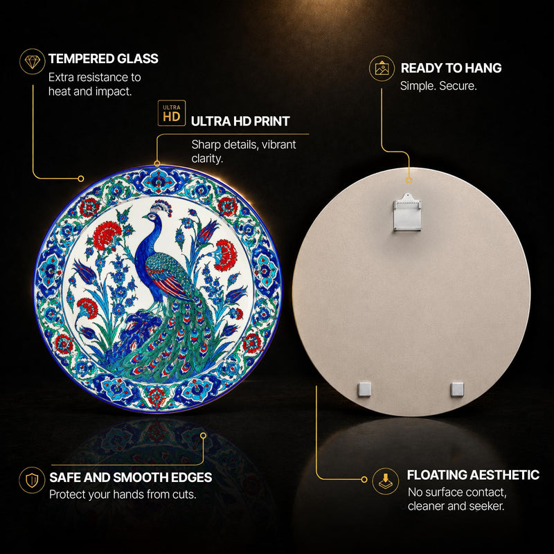 Ottoman Peacock Garden — tempered glass, ultra HD print, ready to hang