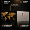 Golden World Map — tempered glass, ultra HD print, ready to hang