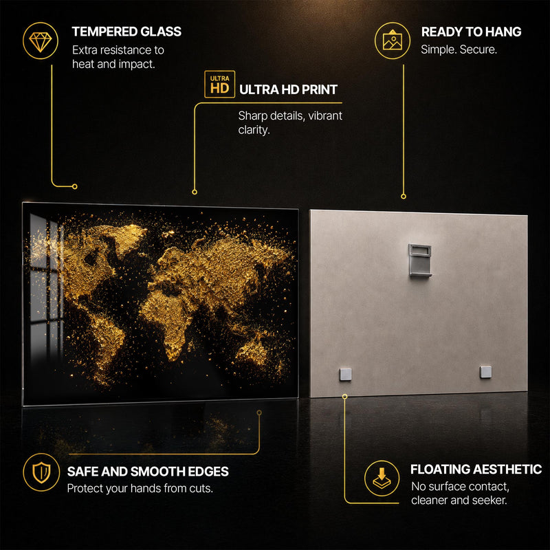 Golden World Map — tempered glass, ultra HD print, ready to hang