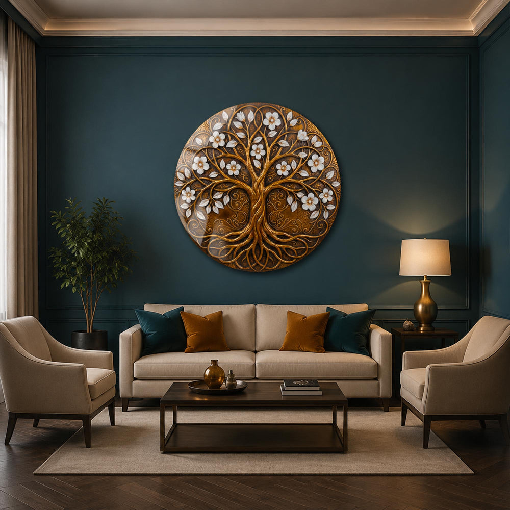 Golden Blossom Tree — tempered glass, ultra HD print, ready to hang