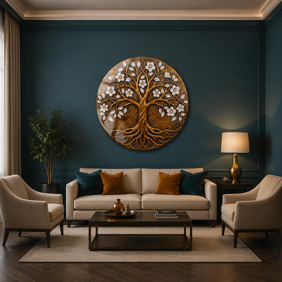 Golden Blossom Tree — tempered glass, ultra HD print, ready to hang