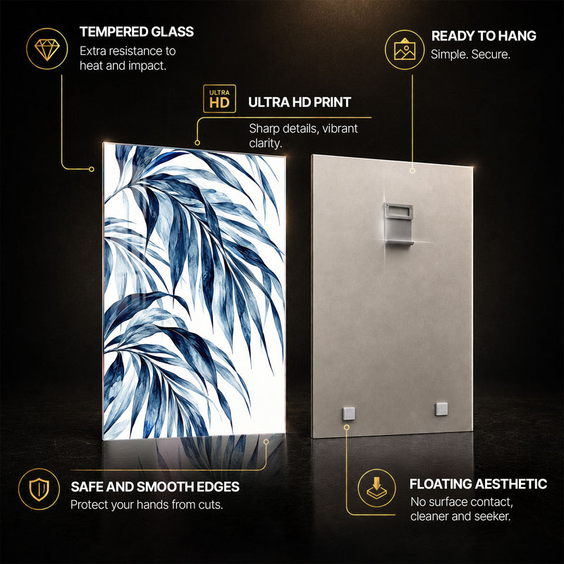 Blue Botanical — tempered glass, ultra HD print, ready to hang