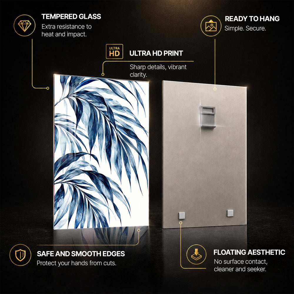 Blue Botanical — tempered glass, ultra HD print, ready to hang