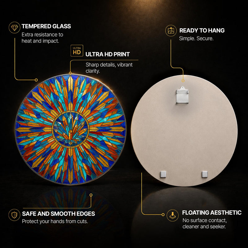 Crystal Starburst Sunburst — tempered glass, ultra HD print, ready to hang