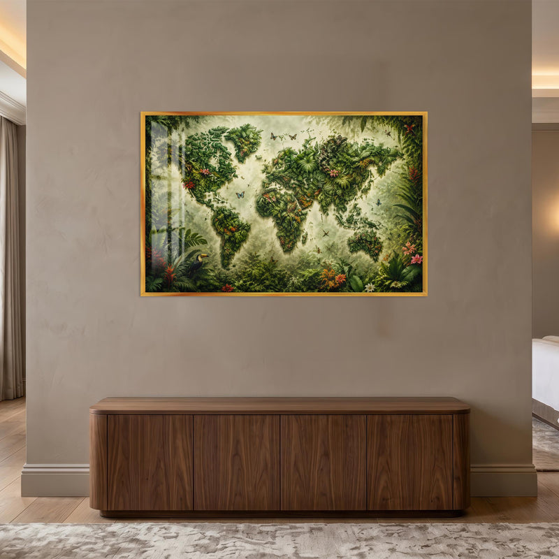 Tropical World Map with gold frame