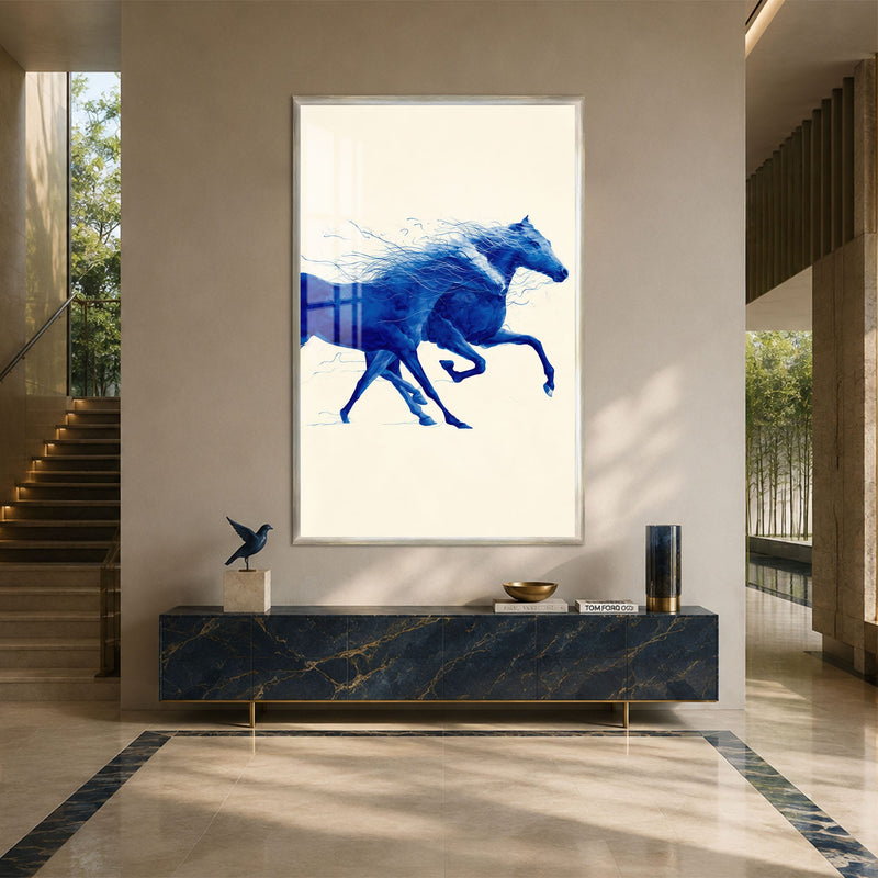 Artronauts Glass Print 12x18 cm | 4.7"x7.1" / Silver Blue Horses in Motion Glass Wall Art