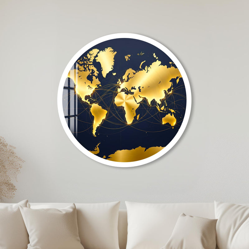 Gold World Map On Navy with white frame