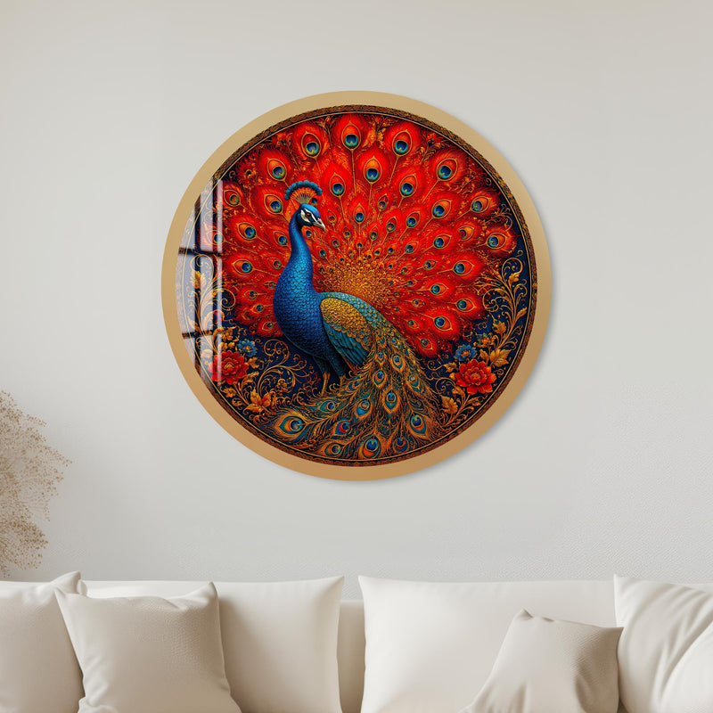 Crimson Peacock Fan with gold frame