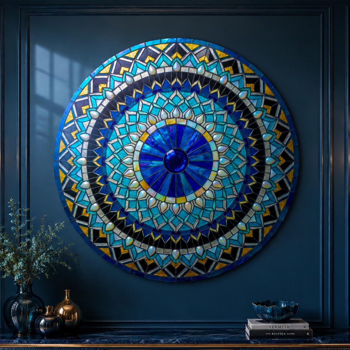 Turquoise Prism Mandala — tempered glass, ultra HD print, ready to hang